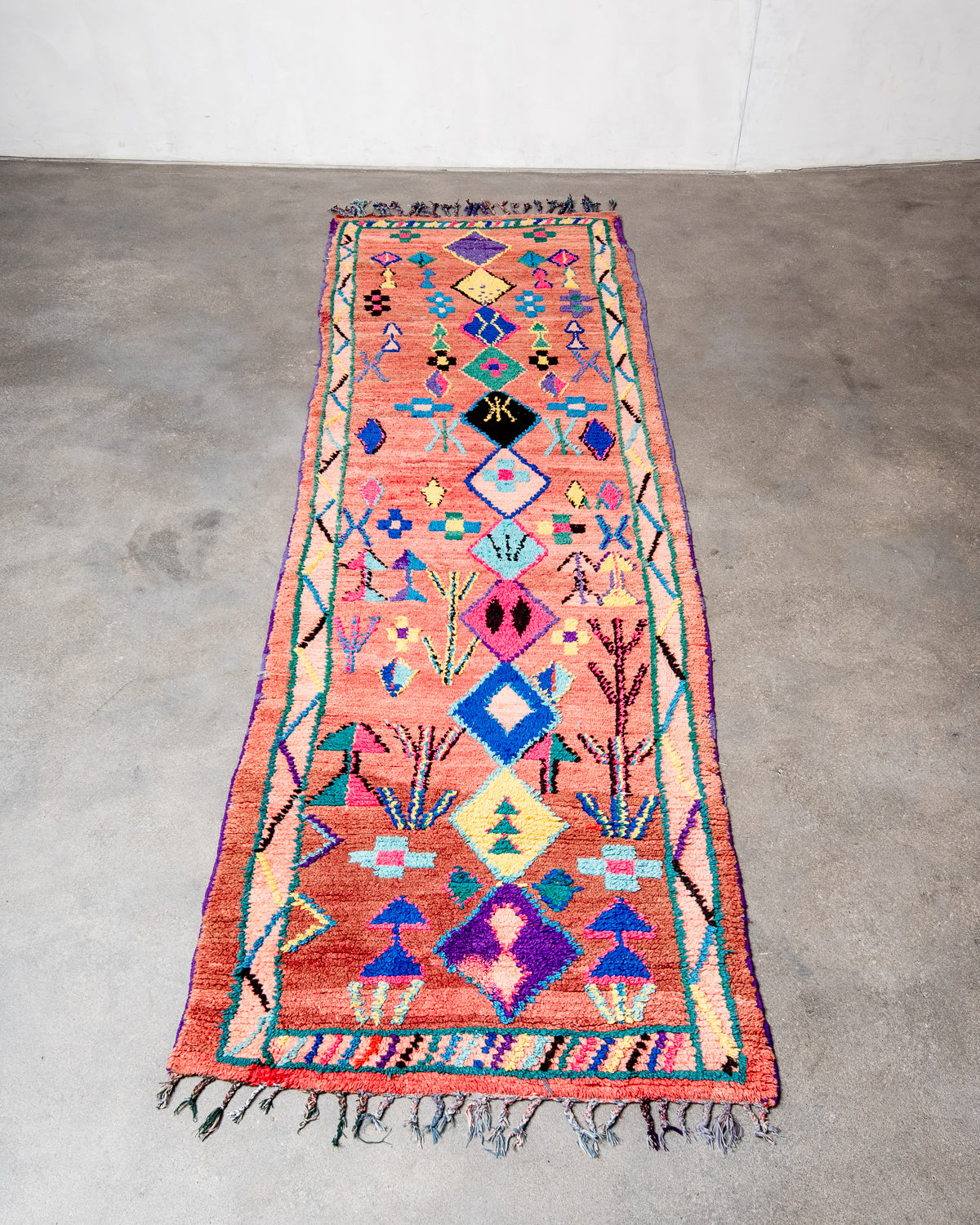Modern, designer, handcrafted Berber runner rug from Morocco. Vintage carpet with beautiful colours and patterns and fluffy texture.